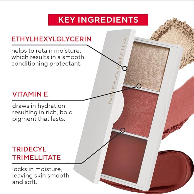 Mirabella Opulent Pro Face Trio Powder and Cream Blush Palette with Powder Highlighter, Lightweight & Buildable Color Blush for Cheeks Creates a Flawless, Radiant Look for All-Over Multi-Use