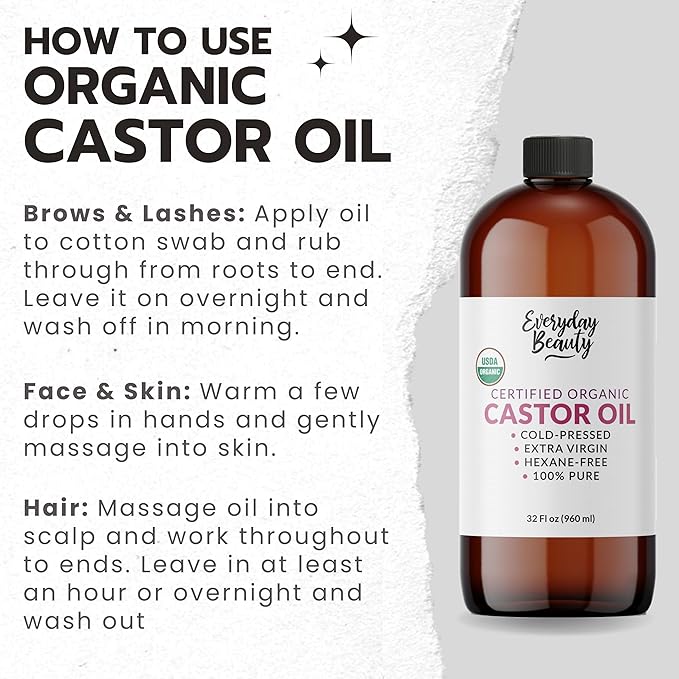 Organic Castor Oil - 100% Pure Certified USDA Organic, Cold Pressed & Hexane-Free, For Eyelashes, Eyebrows, Hair, Skin & Wellness Packs - 32 Fl Oz