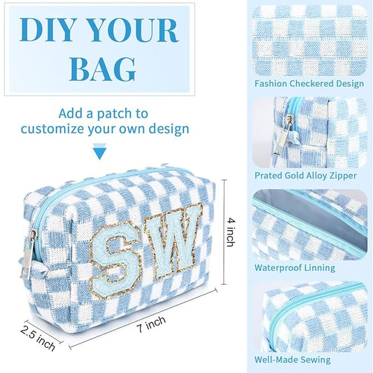 6 Pcs Preppy Makeup Bag Bulk Checkered Cosmetic Bag Light blue Makeup Pouch Personalize Travel Toiletry Bag Organizer Cute DIY Makeup Brushes Storage Bag for Women