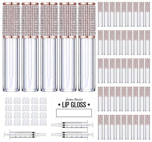 AMORIX 50 Pack Crystal Rhinestone Lip Gloss Tubes with Wand 5ml Empty Lip Gloss Containers Cute Lipgloss Bottles Lip Gloss Supplies Kit + 3pcs Syringes + Labels for DIY Lip Gloss Base