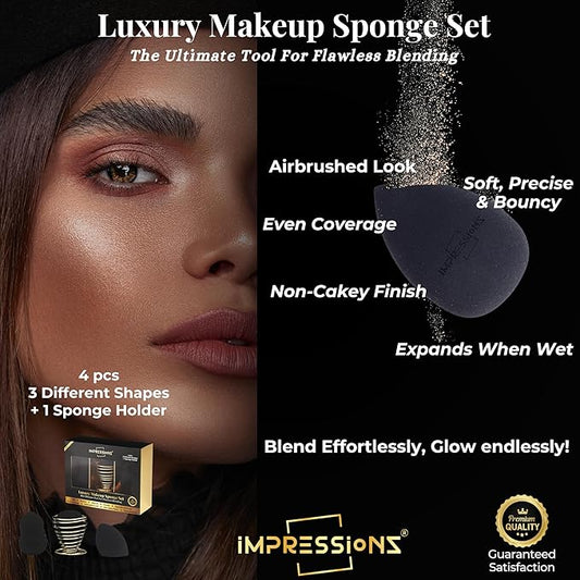 ImpressionZ 3 Pcs Makeup Sponge Set with Holder β Multi-Shape Beauty Makeup Sponges for Foundation, Cream, Liquid & Powder β Latex-Free Makeup Sponge Blender, Vegan & Cruelty-Free Sponge for Soft Skin