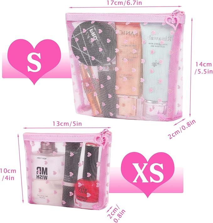 6 Pack Mini Zipper Mesh Makeup Bags, Heart Print Nylon Cosmetic Bags Toiletry Bags for Office Travel Organization (Widened-Pink, S)
