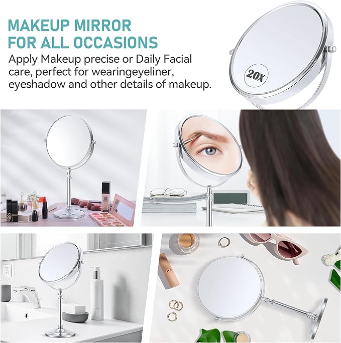 MIYADIVA Magnifying Mirror 20x, Double Sided 1X & 20X Magnifying Mirror on Stand, Large Tabletop Magnified Vanity Mirror, Magnified Mirrors with 360Β°Rotation for Bathroom or Bedroom,8 Inches