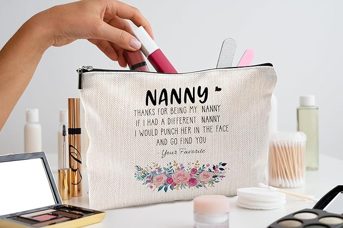 Funny Nanny Gifts Makeup Cosmetic Bag - Mother's Day, Birthday Gifts for Nanny, Grandma - Floral Small Makeup Bag for Purse