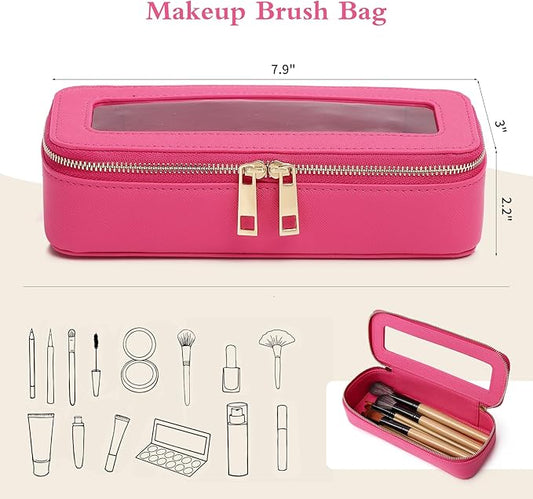 Makeup Brush Case Clear Travel Cosmetic & Toiletry Bag Small Makeup Bag with Zipper Purse Organizer Car Essential Bag for Women (X/Fuxia, SLIM)