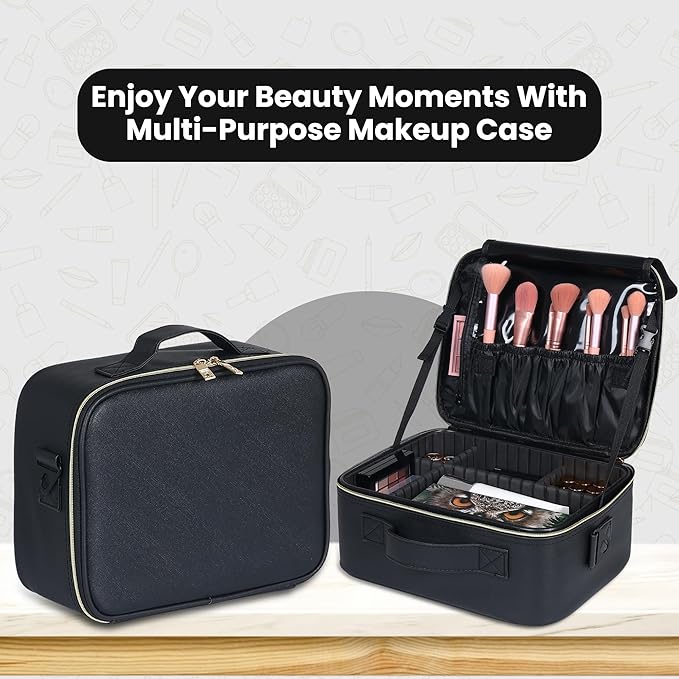 Makeup Travel Case, 12 Inch Makeup Organizer Bag with Compartment and Dividers, Portable Cosmetic Bag for Women with Brush Storage Sturdy Dual Zip Closure, Waterproof, Durable, Gift for Her, Black