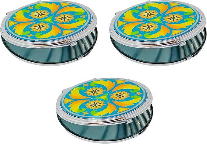Stephanie Imports Set of 3 Double Sided Magnifying Compact Slim Mirrors with Printed Insert (Circle - Psychedelic Turquoise)