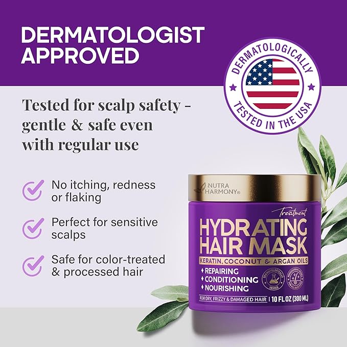 Deep Conditioning Hair Mask for Damaged & Dry – After Hair Relaxer Keratin Treatment for Curly & Color-Treated – Anti-Frizz & Split Ends Repair with Collagen, Biotin, Argan & Coconut Oils – 10 oz
