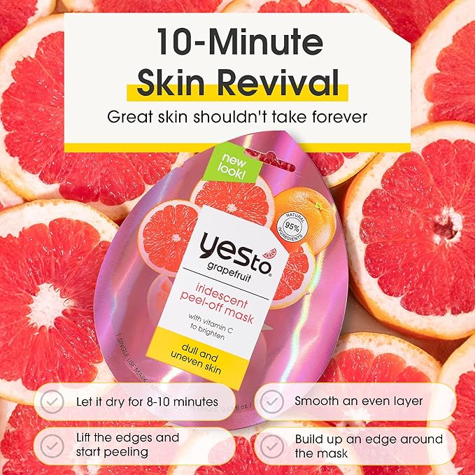 Yes To Grapefruit Iridescent Peel Off Mask with Vitamin C to Refresh Dull Skin, for Men, Women and Teens, No Paraben, 3 Pack.