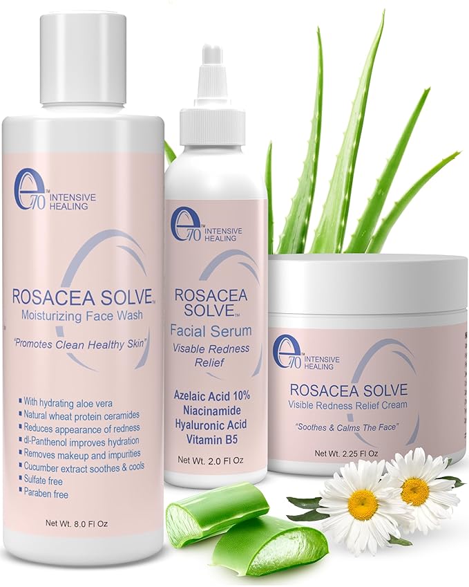 Rosacea Treatment Skincare for Women & Men - Face Wash, Rosacea Cream & Face Serum, Moisturizer Redness Reducing Skin Care with Aloe Vera, Hyaluronic Acid & Fruit Extracts, Made in USA by e70