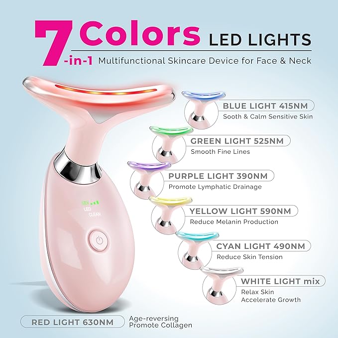 Red Light Therapy for Face - Neck Facial Massager - Beauty Face Lift, Microcurrent Facial Device, Lymphatic Drainage Massager, Double Chin Reducer, True Beauty Glow, luminesce, Gua Sha Tool - Pink