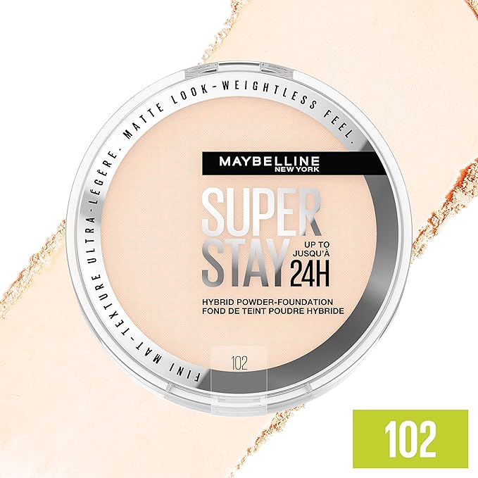 Maybelline Super Stay Up to 24HR Hybrid Powder-Foundation, Medium-to-Full Coverage Makeup, Matte Finish, 102, 1 Count