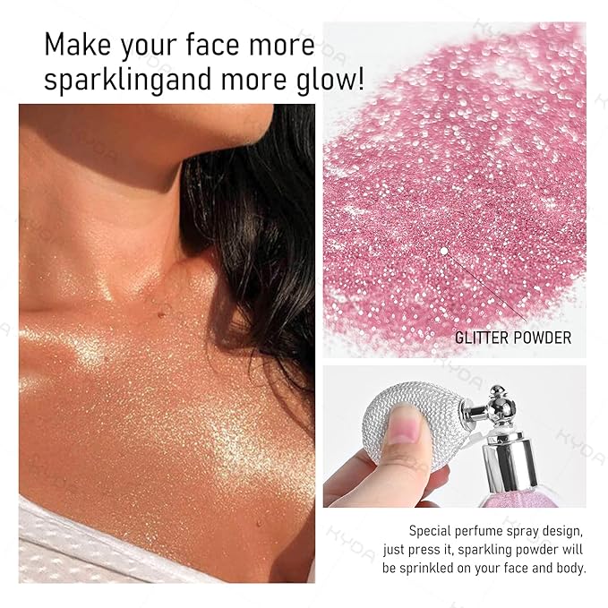 KYDA Highlighter Powder Spray, High Glossy Shimmer Sparkling Powder for Face and Body Glitter Makeup, Body Glitter Spray, Pale Golden