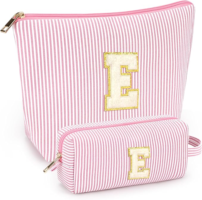 mibasies 2 PCS Initial Makeup Bags for Women: Cosmetic Bag for Travel Toiletry - Personalized Cute Makeup Pouch - Gifts for Grilfriend Wife Moms Bridesmaid - Retirement Travel Gifts - Light Pink E