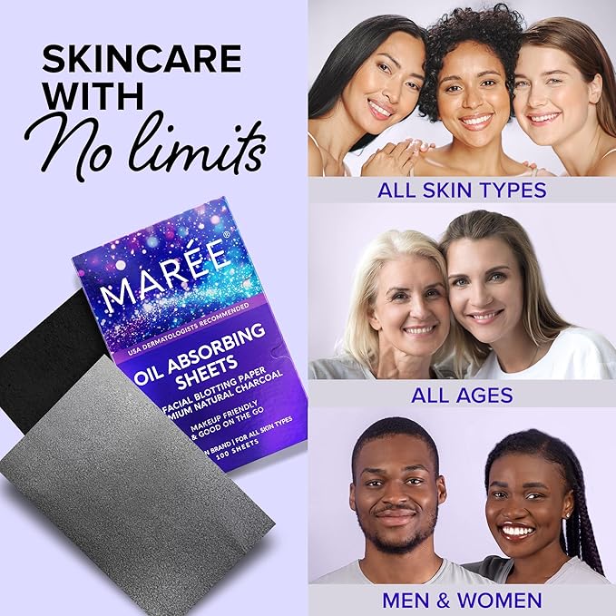 MAREE Oil Blotting Sheets for Face (100 Sheets) - Mineral Blotting Papers For Face with Bamboo Charcoal - Maximum Absorption & Shine Control - Makeup-Friendly Wipes for Oily Skin