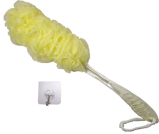Body Puff Yellow Crystal Handle Soft Brush Shower Bath Sponge Seniors Elderly Disabled Handicap Patients Pregnant Arthritis Sufferers Grandpa Grandma Grandparents Plus an Adhesive Hook (Yellow)