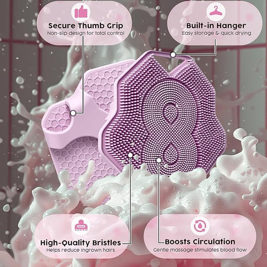 Lintachβ’ Silicone Body Scrubber β Gentle Exfoliating Body Scrubber β Ergonomic Shower and Bath Brush for Men and Women β Reusable and Food-Grade Silicone Brush for Smooth, Supple Skin, (Purple)