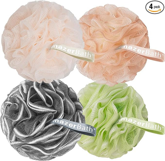 AmazerBath Bath Loofah Sponge (Pack of 4), Shower Loofah 60g/PCS Body Scrubber Loofa - Light Orange-Green-Grey-Beige, Bath Sponge for Men and Women