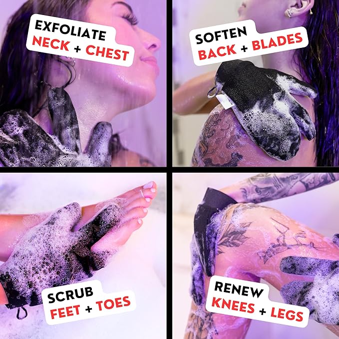 Deep Exfoliating Gloves for Body Scrub β 2-Pack Mitt for Men & Women, Black, KP Bump Eraser & Dead Skin Remover β Smooth, Radiant Skin Exfoliator β Loofah Alternative by Bye Bye Loofah