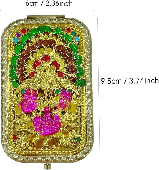1PC Vintage Peacock with Long Tail Pattern Cosmetic Makeup Pocket Purse Magnification Jewel Mirror οΌRectangleοΌ