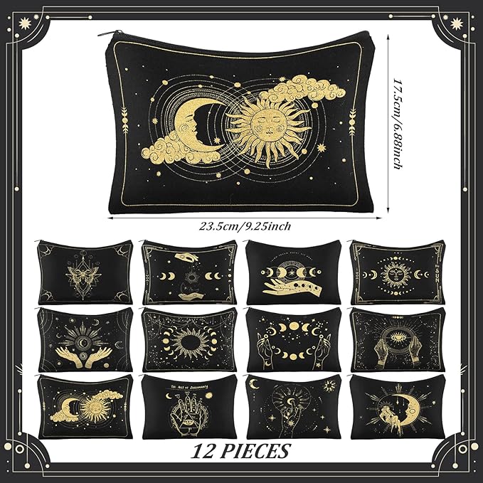 Kajaia 12 Pcs Witch Tarot Makeup Bags Cute Portable Travel Purse Toiletry Pocket Make up Organizer Storage Zipper Pouch Makeup Brush Cosmetic Bags for Women Adult Aesthetic Stuff