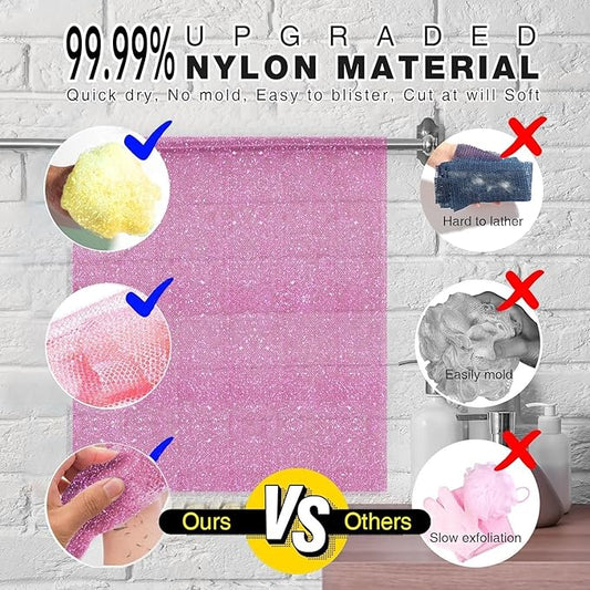 3 Piece Bright Style African exfoliating net Exfoliating Shower Set Long Bath Sponges for Smooth, Refreshed Skin, The Exterior Gleams - Ideal for Daily Use (Bright Yellow, Pink, Purple)