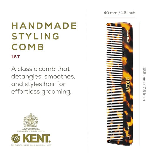 Kent 16T TY Fine Tooth and Wide Tooth Comb for Daily Grooming, Handmade Styling Comb for All Hair Types, Styling and Detangling Combs for Men and Women
