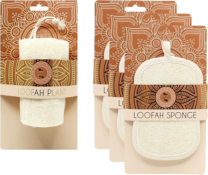 Earth & I Luxury Loofah Pack 4ct: 1 Natural Loofa Plant & 3 Dual-Sided Organic Loofah Pads - Bath & Shower exfoliator for Body & face, Body scrubbers, Travel loofah Bulk, lofas, luffa, loufa, lufas