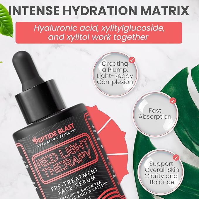 Peptide Blast Red Light Therapy Pre-Treatment Serum – With 6 Peptides, Green Tea Extract, Hyaluronic Acid & Antioxidants – 1 fl oz