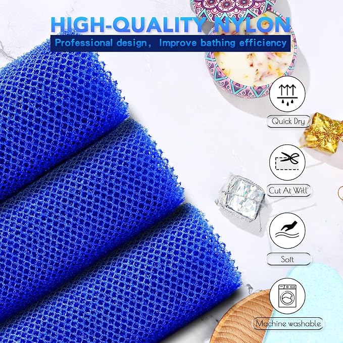 3 Pieces African Bath Sponge African Net Long Net Bath Sponge Exfoliating Shower Body Scrubber Back Scrubber Skin Smoother,Great for Daily Use (Blue)