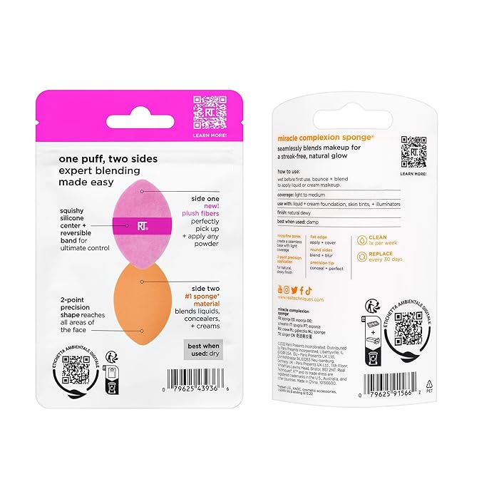 Real Techniques Miracle Complexion Sponge + Miracle 2-In-1 Powder Puff, Makeup Blending Sponge & Dual-Sided Powder Puff, For Liquids, Creams, & Powders, Vegan & Latex-Free, 2 Count