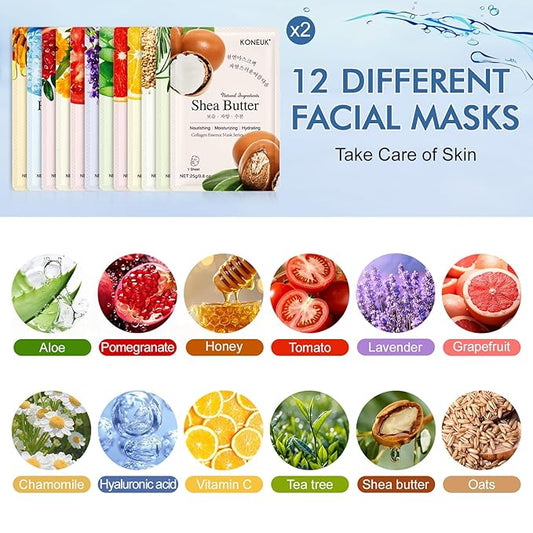 24 Pack Sheet Face Masks Skincare for Women, Hydrating Collagen Essence Face Masks Suitable for All Skin Types, Face Mask Gifts Set for Spa Party, Bulk Facial Masks for Women Skin Care