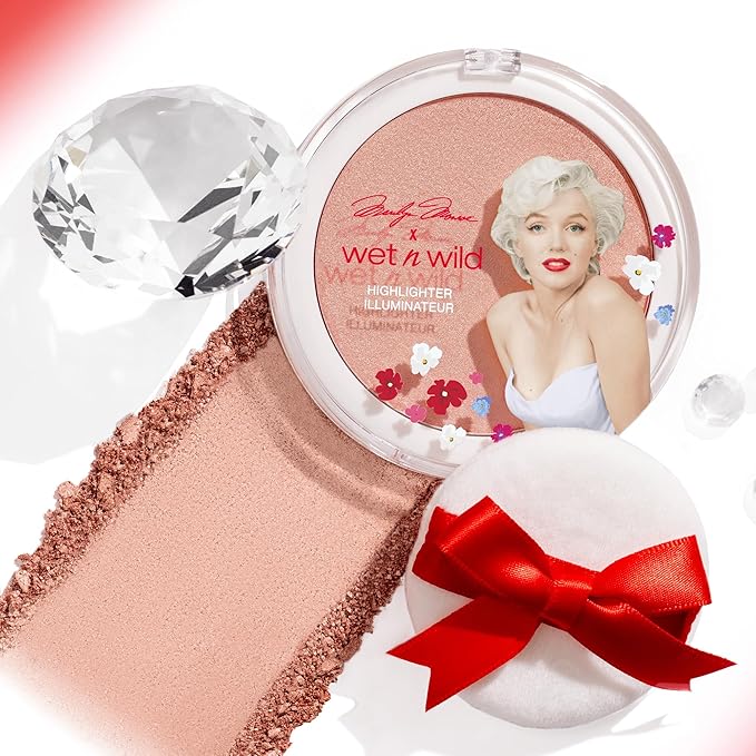 wet n wild Marilyn Monroe Icon Highlighter, Ultra-Reflective Luminous Powder, Buildable Glow with Iridescent Pearls, Includes Sponge, Cruelty-Free β Peachy Pink