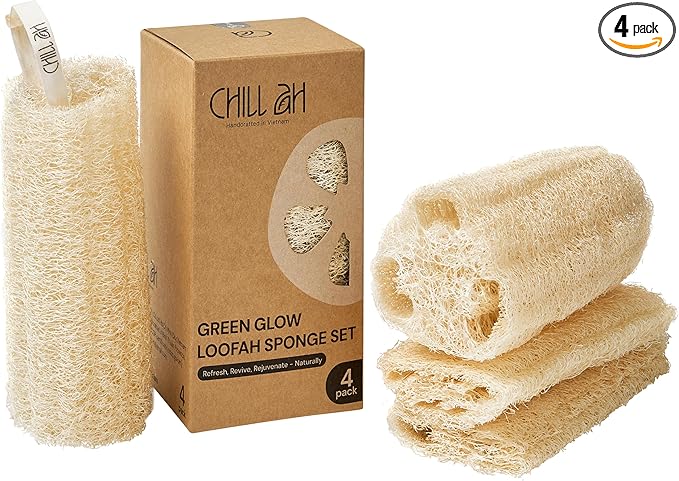 Chill Ah Natural Loofah Sponge Set β 100% Plant-Based, Dye-Free, Biodegradable Bath Exfoliator for Glowing Skin β Handcrafted in Vietnam (4-Pack)