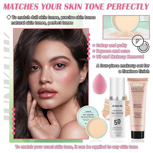 Color Changing Full Coverage Liquid Foundation Makeup Gift Set,Moisturizing BB Cream for Women,Flawless Loose Setting Powder Face Primer Base Makeup Kit With Make up Sponge