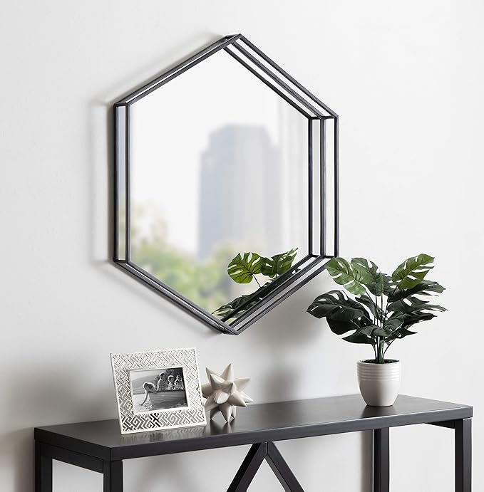 Kate and Laurel Felicia Modern Hexagon Mirror, 30" x 30", Black, Geometric Accent Mirror for Wall