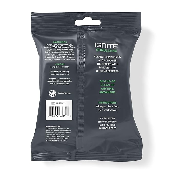 Ignite Mens Body Wet Wipes, Extra Thick 8" x 8" Shower Wipes, Stimulating Scent, 10 Count (Pack of 5)