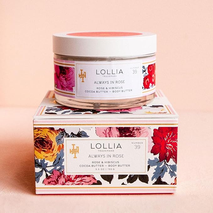 LOLLIA Always in Rose Body Butter, 5.5 oz. - Rose & Hibiscus Fragrance β Shea Butter & Cocoa Butter, Body Lotion for Women, Hydrating & Smooth Body Moisturizer