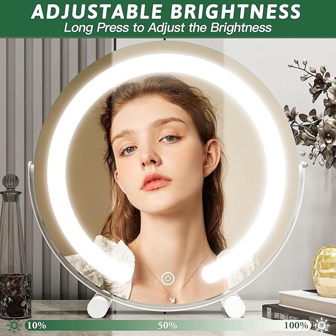 Vanity Mirror with Lights, 12 Inch Light Up Makeup Mirror, LED Makeup Mirror with Lights for Bedroom Tabletop, Smart Touch Control 3 Colors Dimmable, 360Β° Rotation, White