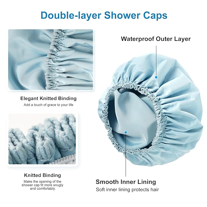 Shower Cap for Women Set of 4, 1 Double-Layer Waterproof Bath Cap + 3 Single-Layer Waterproof Shower Caps β Reusable Hair Protector, TPU Coated Elastic Bathing Cap for Women & Men - Blue