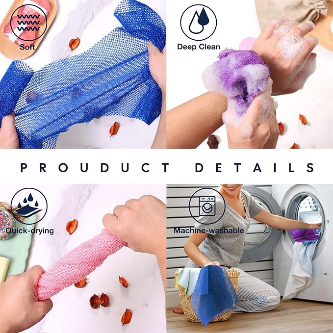 3 Pieces African Bath Sponge African Net Long Net Bath Sponge Exfoliating Shower Body Scrubber Back Scrubber Skin Smoother,Great for Daily Use (Brown, Blue, Purple)
