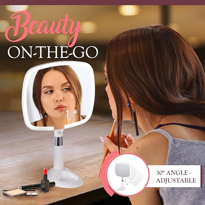 MIRRORVANA® Lighted Travel Hand Mirror with Comfy Handle and Detachable Stand - Portable, Thin and Lightweight Design - Rechargeable with 3 LED Light Settings - 9" x 13" (White)