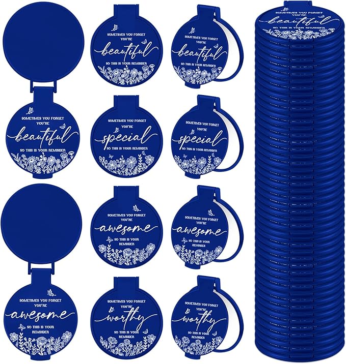 100 Pcs Inspirational Compact Mirror Bulk Small Pocket Mirror Purse Round Portable Folding Makeup Mirror Mini Compact Mirror Gifts for Women Coworker Employee Teacher(Blue)