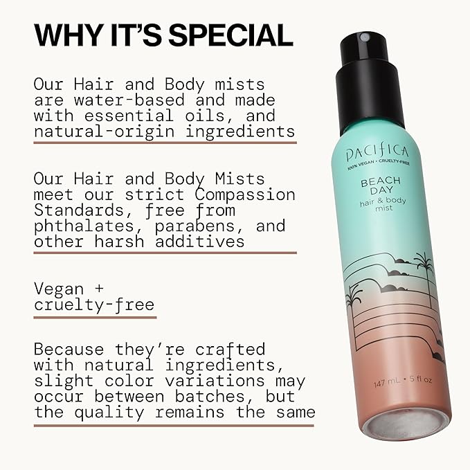 Pacifica Beach Day Hair Mist Perfume & Full Body Spray for Women - Body Mist Fragrance w/Bergamot, Orange Flower, Sandalwood, Amber, Musk & Suede Leather β Clean Beauty Alcohol-Free, Vegan 5 oz