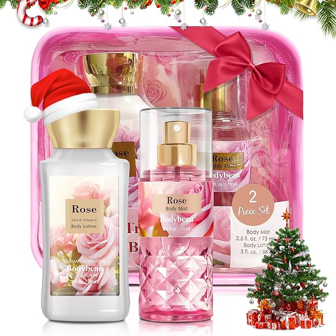 Bath and Body Gift Set for Women & Girls, Rose 2PCS Set for - Body Lotion, Body Mist, Personal Portable Body Care Travel Set for Birthday Mother's Day Gifts for Her and Him