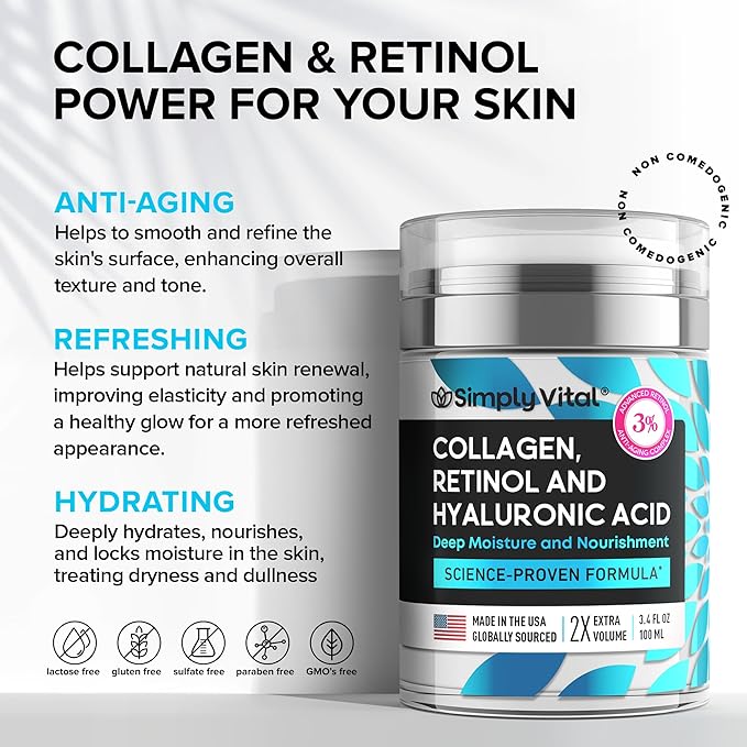 SimplyVital Collagen, Retinol & Hyaluronic Acid Cream - Anti-Aging Retinol Cream for Face, Neck & DΓ©colletΓ© - Made in USA - Daily Moisturizer Face Cream - 3.38 fl oz