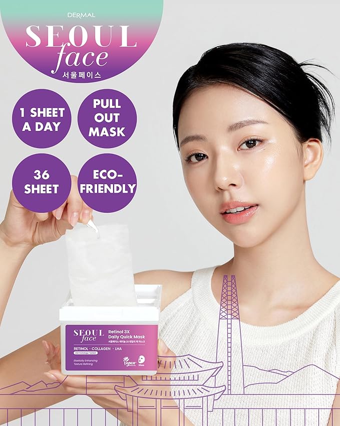 DERMAL Seoul Face Retinol 3X Daily Quick Mask 36 Sheet β Korean Skincare Vegan Tencel Facial Masks - Anti Aging, Wrinkle Improvement Mask Sheets with Collagen, LHA, Peptide