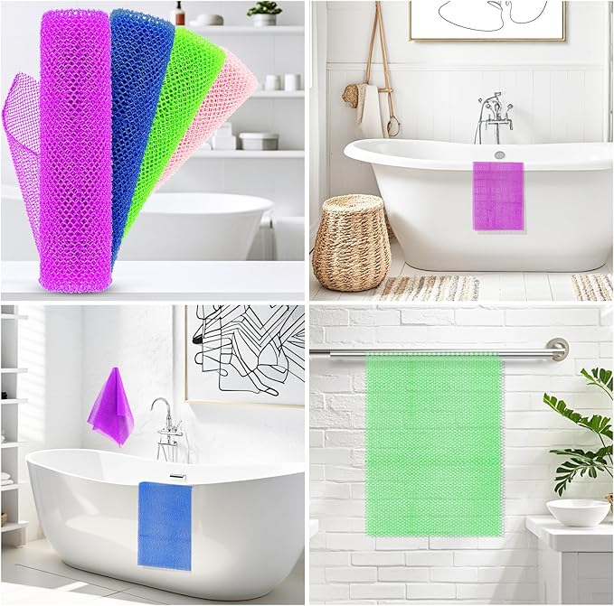 4 Pieces African Net Sponge – Deep Exfoliating Mesh Bath Scrubber for Silky Smooth Skin, Quick Drying & Long-Lasting, Great for Full Body & Back Scrubbing(Purple Green Blue Pink)