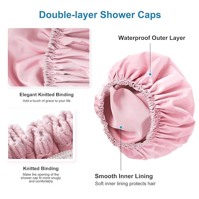 Shower Cap for Women Set of 4, 1 Double-Layer Waterproof Bath Cap + 3 Single-Layer Waterproof Shower Caps β Reusable Hair Protector, TPU Coated Elastic Bathing Cap for Women & Men - Pink