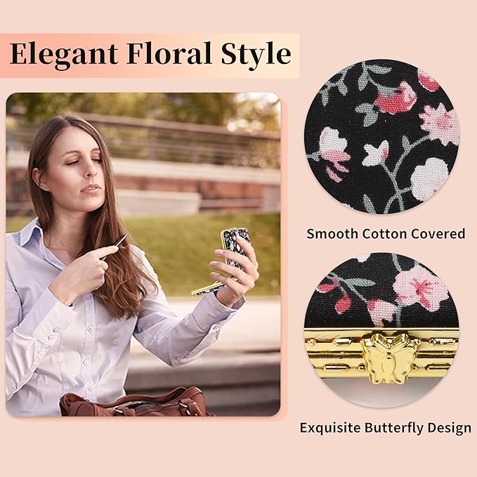 VOCOSTE Compact Mirror for Purses, Flower Pocket Square Mini, Floral Small for Purse, Vintage Folding Travel Portable for Women, Black
